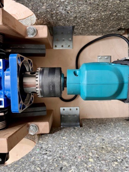 Close detail of the drill and gearbox installation